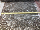 Beaded Feather Fabric - Coffee - Embroidered Luxury Mesh Lace with Beads and Feathers By The Yard
