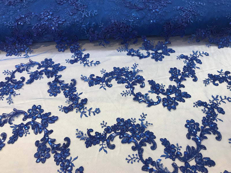 Floral Lace Fabric - Royal Blue - Flowers Embroidery Sequins Mesh Design Fabric Sold By The Yard