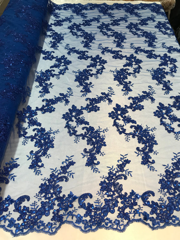 Floral Lace Fabric - Royal Blue - Flowers Embroidery Sequins Mesh Design Fabric Sold By The Yard