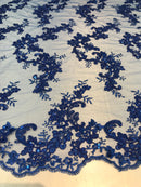 Floral Lace Fabric - Royal Blue - Flowers Embroidery Sequins Mesh Design Fabric Sold By The Yard