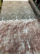 Beaded Feather Fabric - Coffee - Embroidered Luxury Mesh Lace with Beads and Feathers By The Yard