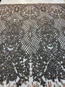 Beaded Feather Fabric - Coffee - Embroidered Luxury Mesh Lace with Beads and Feathers By The Yard