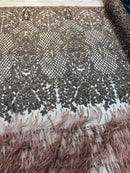 Beaded Feather Fabric - Coffee - Embroidered Luxury Mesh Lace with Beads and Feathers By The Yard
