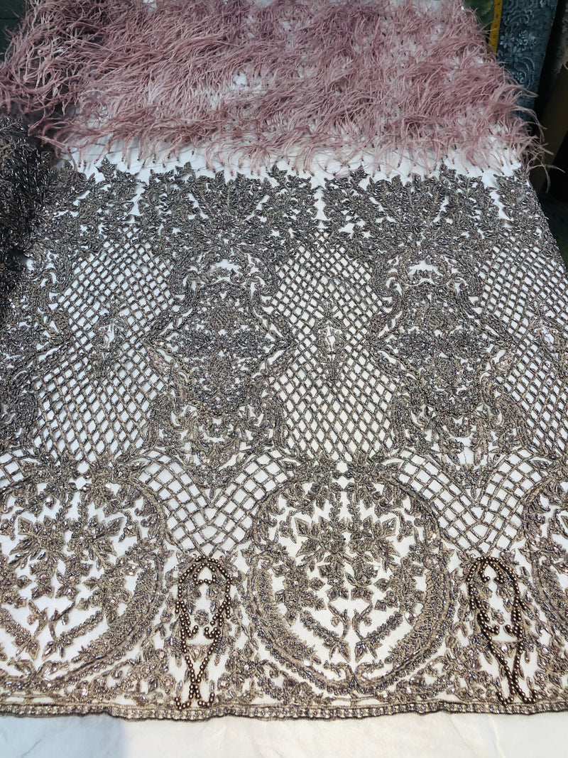Beaded Feather Fabric - Coffee - Embroidered Luxury Mesh Lace with Beads and Feathers By The Yard