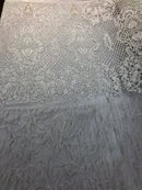 Beaded Feather Fabric - Ivory - Embroidered Luxury Mesh Lace with Beads and Feathers By The Yard