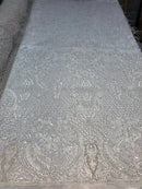 Beaded Feather Fabric - Ivory - Embroidered Luxury Mesh Lace with Beads and Feathers By The Yard