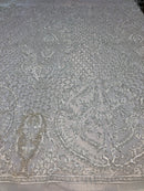 Beaded Feather Fabric - Ivory - Embroidered Luxury Mesh Lace with Beads and Feathers By The Yard