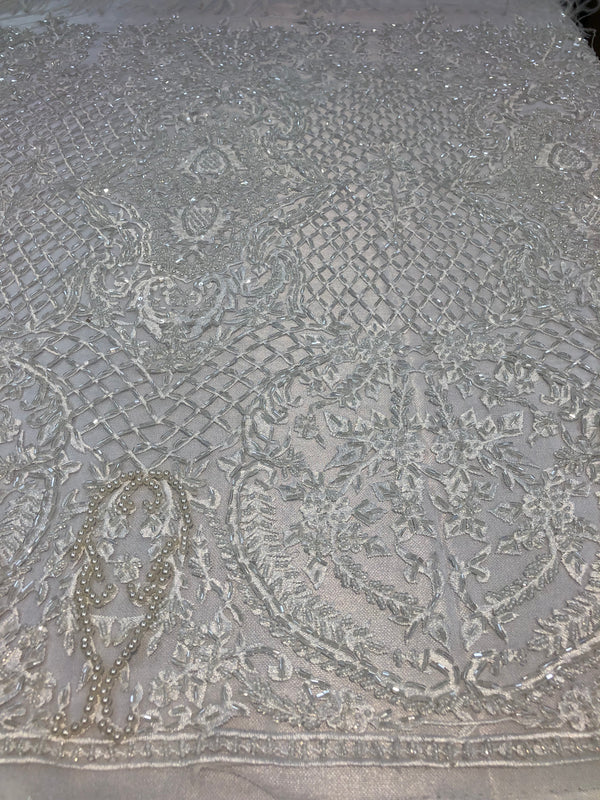 Beaded Feather Fabric - Ivory - Embroidered Luxury Mesh Lace with Beads and Feathers By The Yard