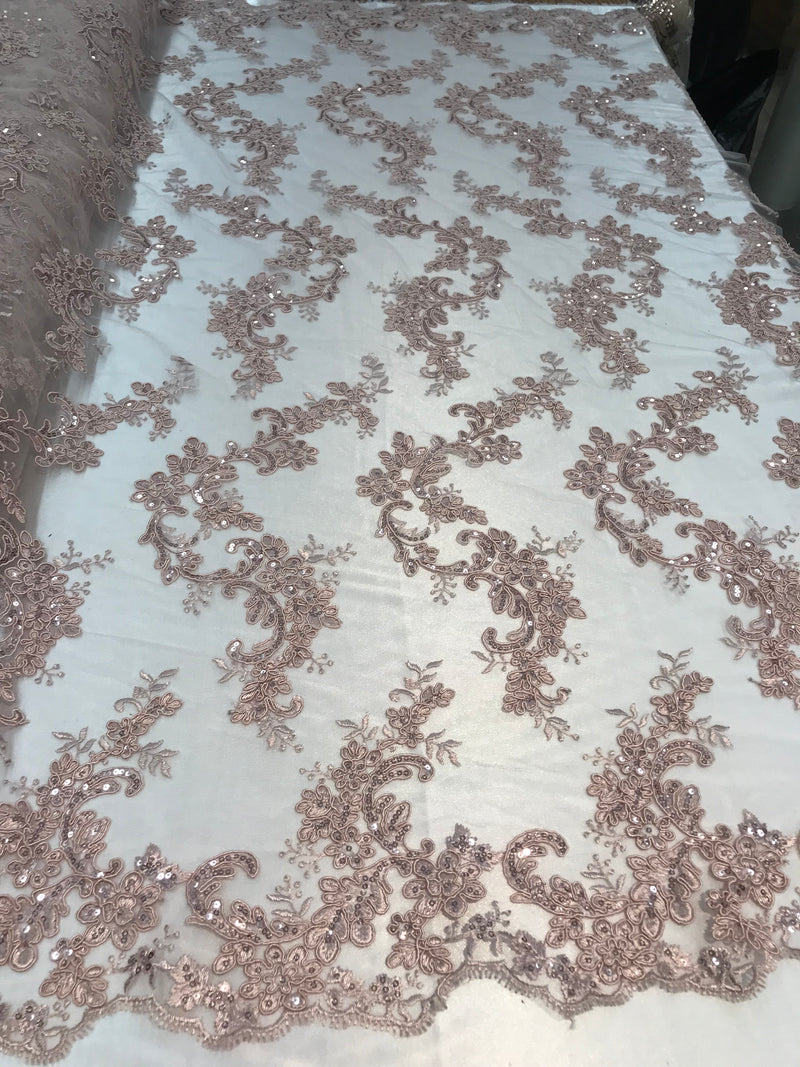 Floral Lace Fabric - Blush - Flowers Embroidery Sequins Mesh Design Fabric Sold By The Yard
