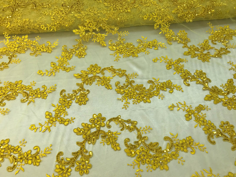 Floral Lace Fabric - Yellow - Flowers Embroidery Sequins Mesh Design Fabric Sold By The Yard
