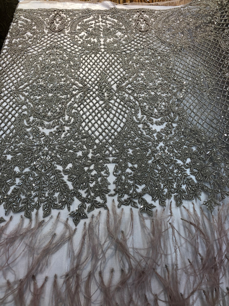 Beaded Feather Fabric - Dark Champagne - Embroidered Luxury Mesh with Beads and Feathers By The Yard