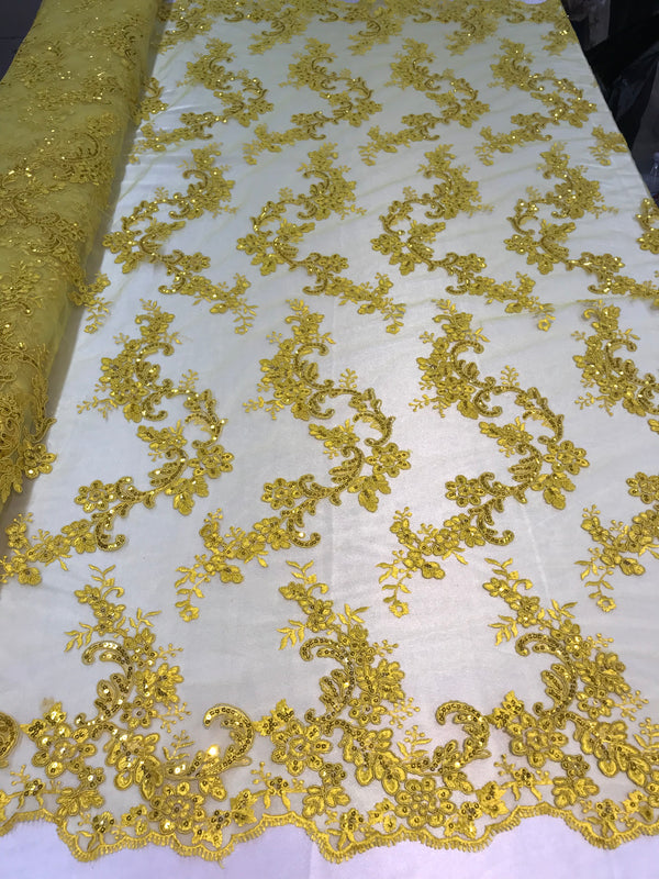 Floral Lace Fabric - Yellow - Flowers Embroidery Sequins Mesh Design Fabric Sold By The Yard