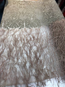 Beaded Feather Fabric - Dark Champagne - Embroidered Luxury Mesh with Beads and Feathers By The Yard