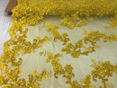 Floral Lace Fabric - Yellow - Flowers Embroidery Sequins Mesh Design Fabric Sold By The Yard
