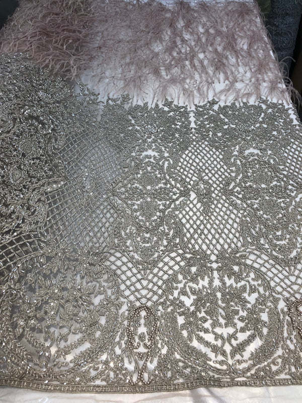 Beaded Feather Fabric - Dark Champagne - Embroidered Luxury Mesh with Beads and Feathers By The Yard