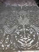 Beaded Feather Fabric - Dark Champagne - Embroidered Luxury Mesh with Beads and Feathers By The Yard