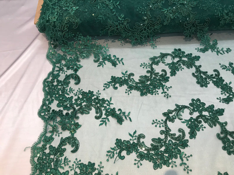 Floral Lace Fabric - Hunter Green  - Flowers Embroidery Sequins Mesh Design Fabric Sold By The Yard