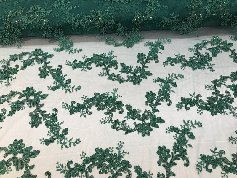 Floral Lace Fabric - Hunter Green  - Flowers Embroidery Sequins Mesh Design Fabric Sold By The Yard
