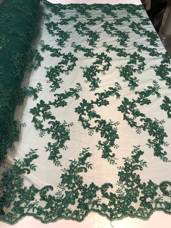 Floral Lace Fabric - Hunter Green  - Flowers Embroidery Sequins Mesh Design Fabric Sold By The Yard