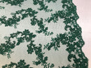 Floral Lace Fabric - Hunter Green  - Flowers Embroidery Sequins Mesh Design Fabric Sold By The Yard