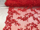 Floral Lace Fabric - Red - Flowers Embroidery Sequins Mesh Design Fabric Sold By The Yard