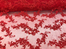 Floral Lace Fabric - Red - Flowers Embroidery Sequins Mesh Design Fabric Sold By The Yard