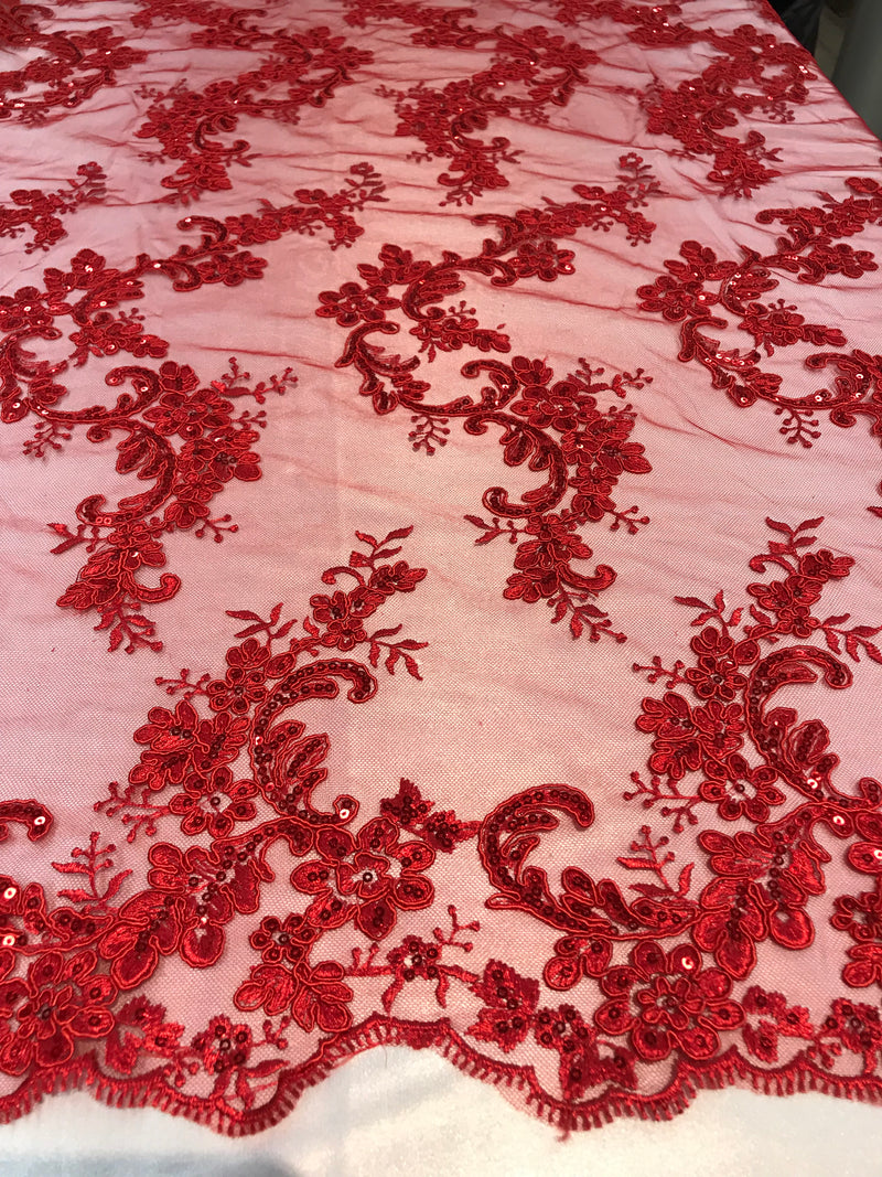 Floral Lace Fabric - Red - Flowers Embroidery Sequins Mesh Design Fabric Sold By The Yard