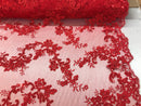 Floral Lace Fabric - Red - Flowers Embroidery Sequins Mesh Design Fabric Sold By The Yard
