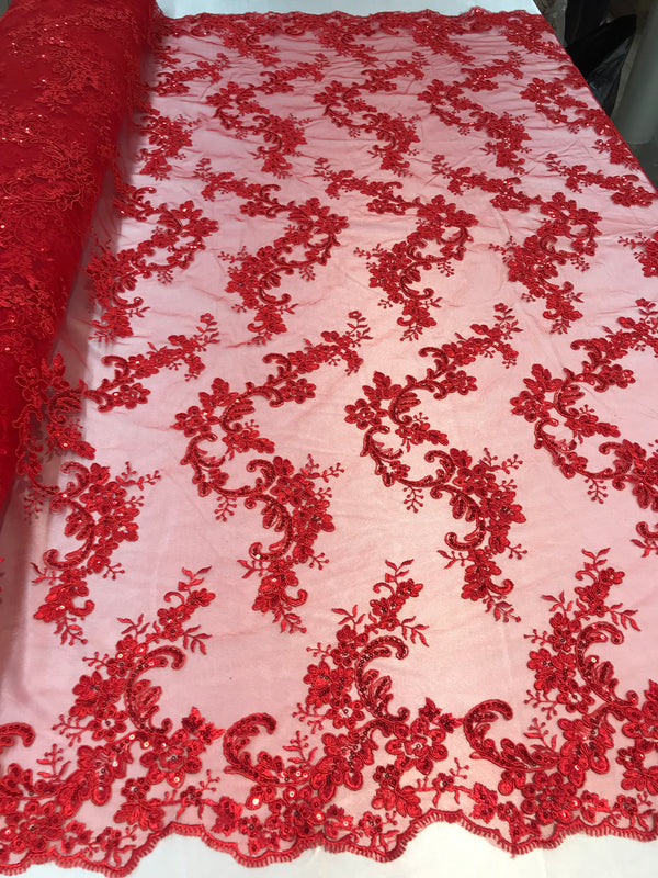 Floral Lace Fabric - Red - Flowers Embroidery Sequins Mesh Design Fabric Sold By The Yard