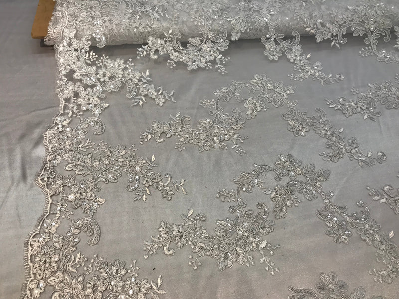 Floral Lace Fabric - White - Flowers Embroidery Sequins Mesh Design Fabric Sold By The Yard