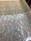 Beaded Feather Fabric - Honey Gold Embroidered Luxury Mesh Lace with Beads and Feathers By The Yard