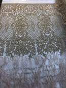 Beaded Feather Fabric - Honey Gold Embroidered Luxury Mesh Lace with Beads and Feathers By The Yard