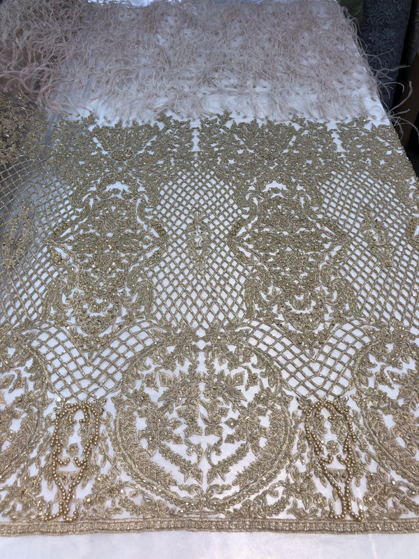 Beaded Feather Fabric - Honey Gold Embroidered Luxury Mesh Lace with Beads and Feathers By The Yard