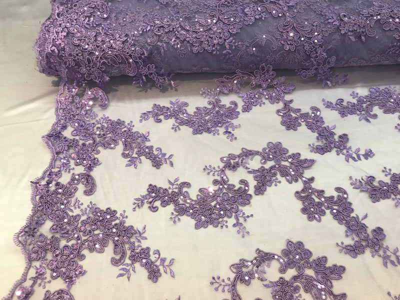 Floral Lace Fabric - Lilac - Flowers Embroidery Sequins Mesh Design Fabric Sold By The Yard