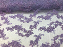 Floral Lace Fabric - Lilac - Flowers Embroidery Sequins Mesh Design Fabric Sold By The Yard