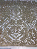 Beaded Feather Fabric - Honey Gold Embroidered Luxury Mesh Lace with Beads and Feathers By The Yard