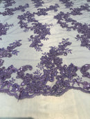 Floral Lace Fabric - Lilac - Flowers Embroidery Sequins Mesh Design Fabric Sold By The Yard