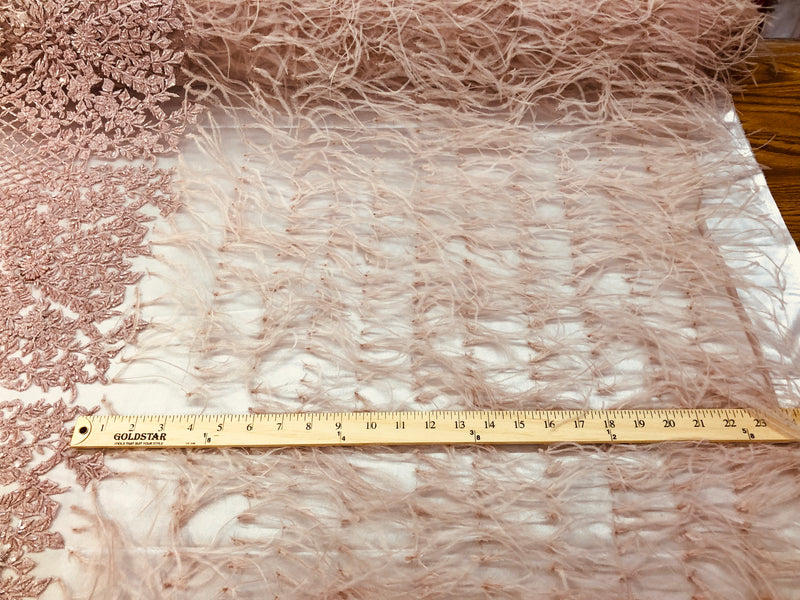 Beaded Feather Fabric - Dusty Rose - Embroidered Luxury Mesh Lace Beads and Feathers By The Yard