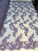 Floral Lace Fabric - Lilac - Flowers Embroidery Sequins Mesh Design Fabric Sold By The Yard