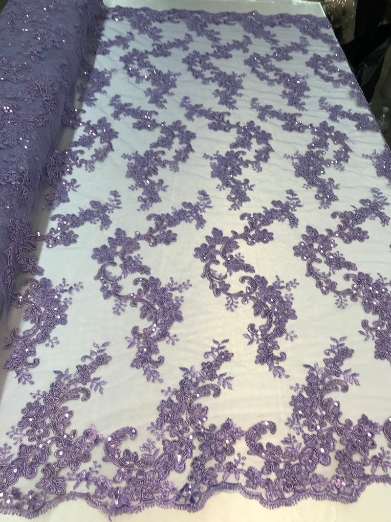 Floral Lace Fabric - Lilac - Flowers Embroidery Sequins Mesh Design Fabric Sold By The Yard