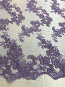 Floral Lace Fabric - Lilac - Flowers Embroidery Sequins Mesh Design Fabric Sold By The Yard