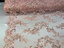 Floral Lace Fabric - Pink - Flowers Embroidery Sequins Mesh Design Fabric Sold By The Yard