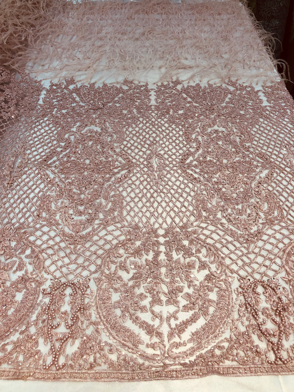 Beaded Feather Fabric - Dusty Rose - Embroidered Luxury Mesh Lace Beads and Feathers By The Yard