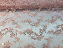 Floral Lace Fabric - Pink - Flowers Embroidery Sequins Mesh Design Fabric Sold By The Yard