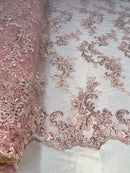 Floral Lace Fabric - Pink - Flowers Embroidery Sequins Mesh Design Fabric Sold By The Yard