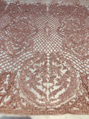 Beaded Feather Fabric - Dusty Rose - Embroidered Luxury Mesh Lace Beads and Feathers By The Yard