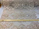 Beaded Feather Fabric - Champagne - Embroidered Luxury Mesh Lace with Beads and Feathers By The Yard