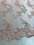 Floral Lace Fabric - Pink - Flowers Embroidery Sequins Mesh Design Fabric Sold By The Yard