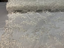 Floral Lace Fabric - Ivory - Flowers Embroidery Sequins Mesh Design Fabric Sold By The Yard