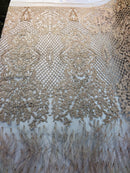 Beaded Feather Fabric - Champagne - Embroidered Luxury Mesh Lace with Beads and Feathers By The Yard